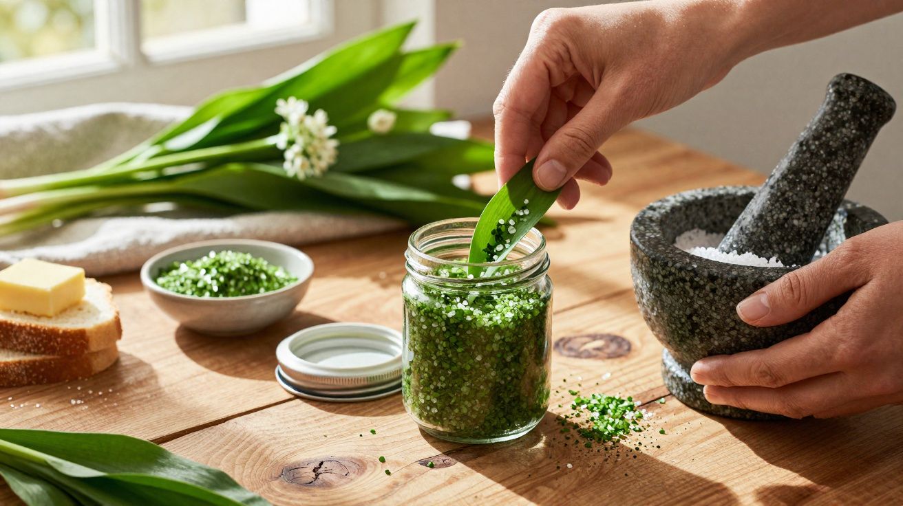 Pessoa preparando sal aromatizado com flor de alho silvestre usando almofariz em mesa de madeira.