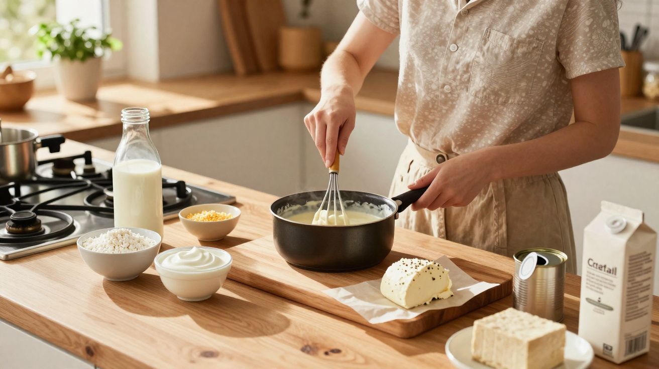 Pessoa a mexer creme numa panela numa cozinha com ingredientes à volta, incluindo leite e queijo.