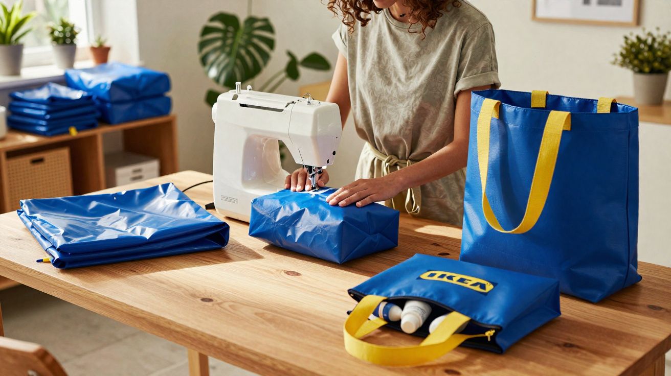 Pessoa a coser um saco azul com máquina de costura numa mesa de madeira com vários sacos IKEA azuis.
