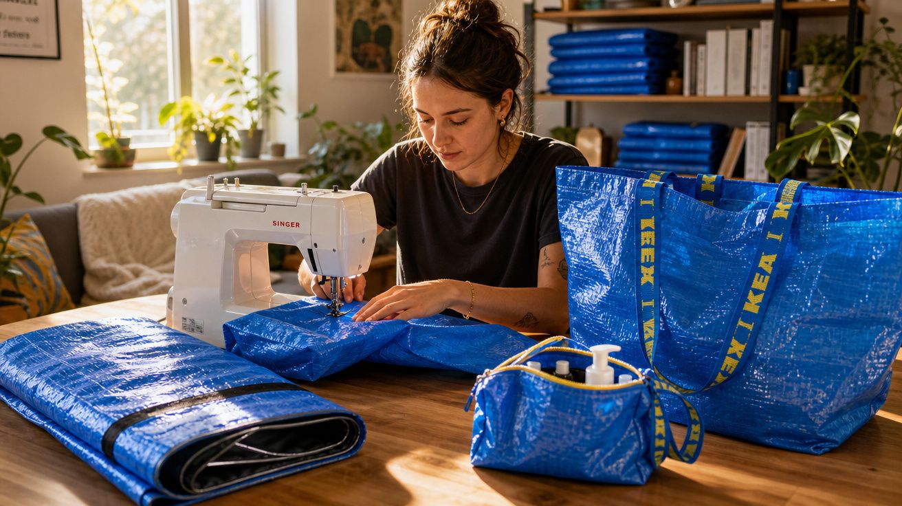Mulher a coser tecido azul reciclado IKEA numa máquina de costura numa sala iluminada.