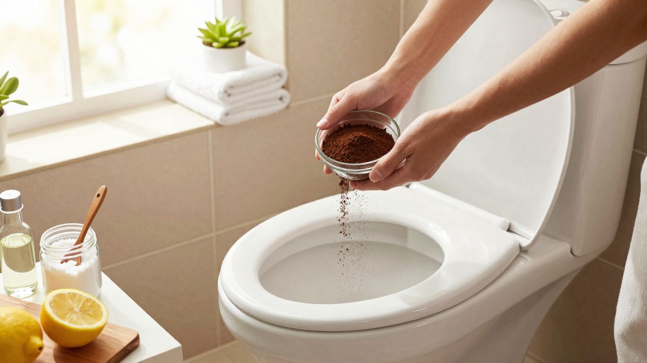 Mãos a despejar café moído na sanita para limpeza, com limão e ingredientes naturais ao lado.