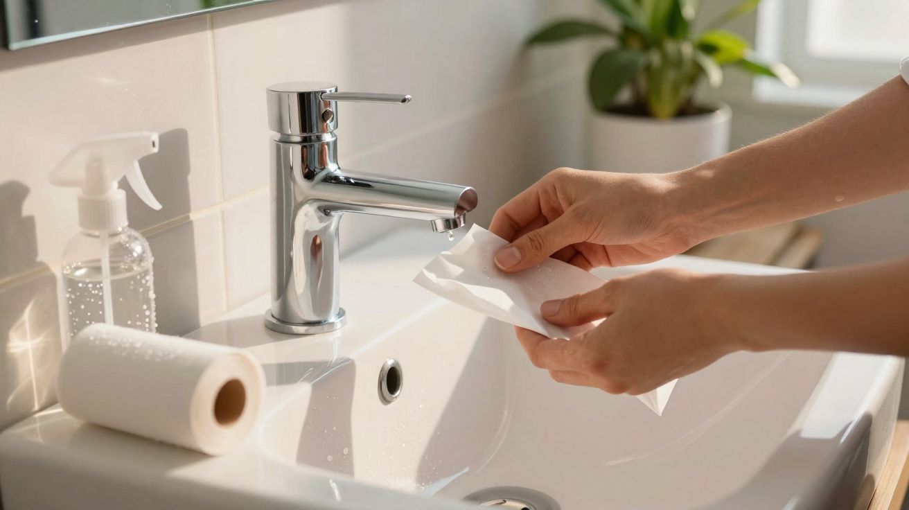 Mãos a segurar uma toalha de papel junto a uma torneira cromada num lavatório branco com papel e pulverizador.