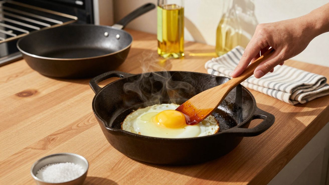 Ovo a fritar numa frigideira de ferro fundido, com vapor visível, sendo mexido com espátula de madeira.