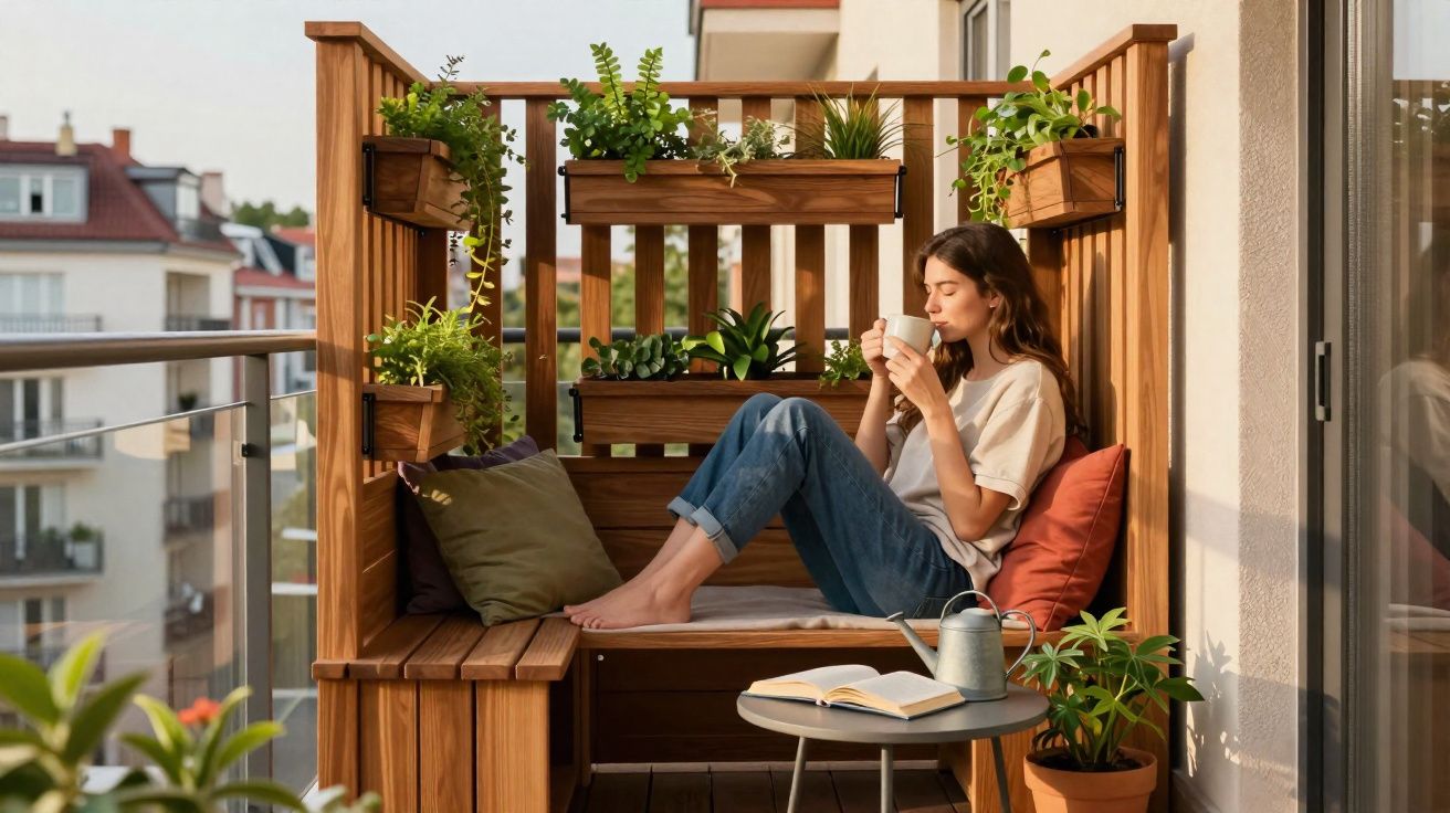 Mulher sentada num banco de madeira numa varanda com plantas, a beber numa chávena ao fim da tarde.