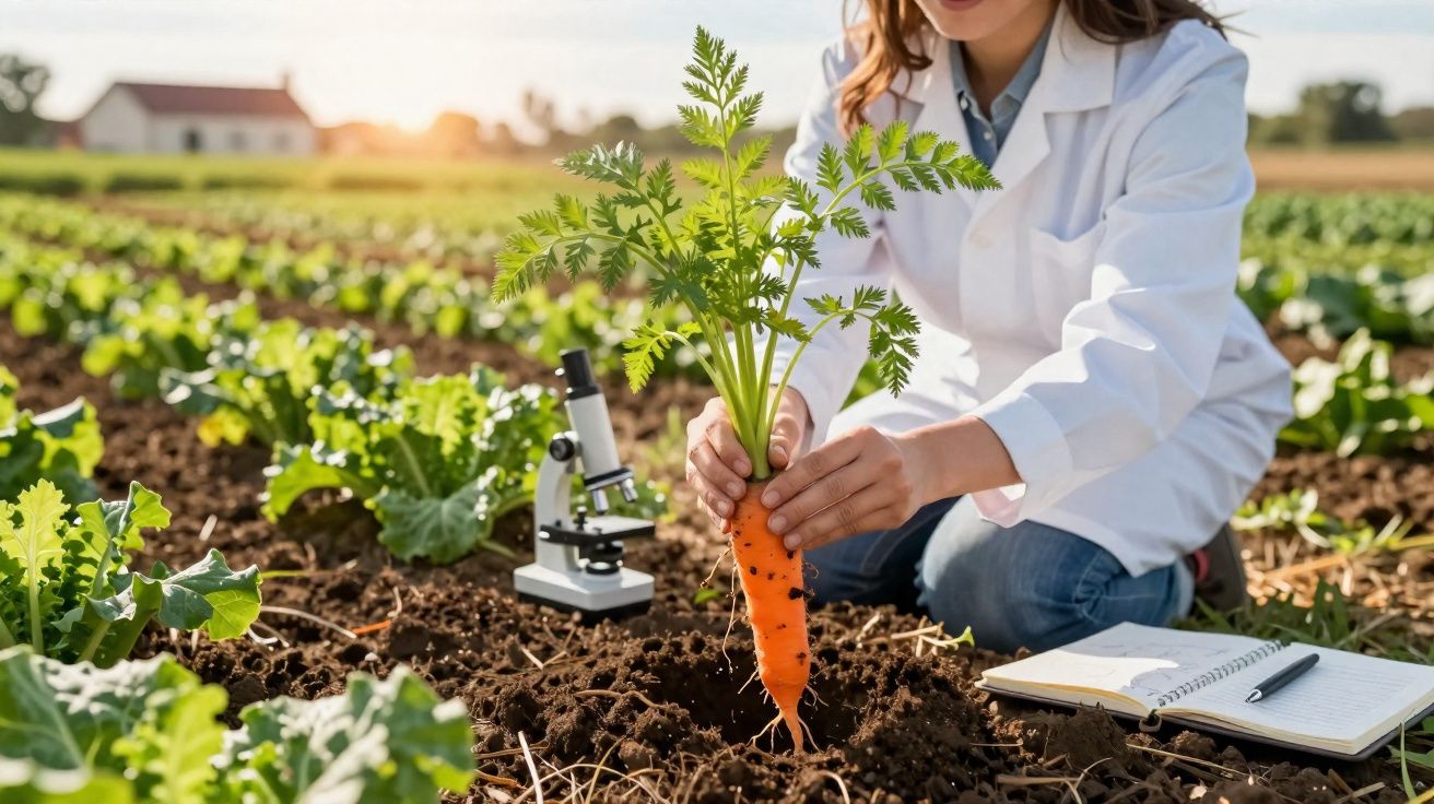 Cientista a analisar uma cenoura recém colhida numa horta, com microscópio e caderno ao lado.