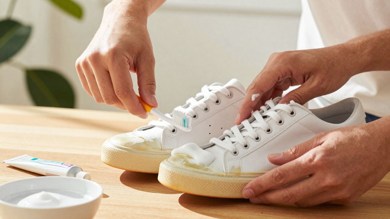 Pessoa a limpar ténis brancos com escova de dentes e pasta dentífrica numa mesa de madeira.