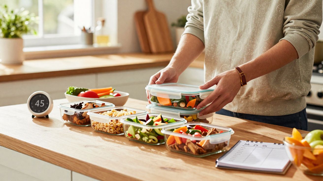 Pessoa a preparar marmitas com vegetais e legumes frescos numa cozinha moderna e luminosa.