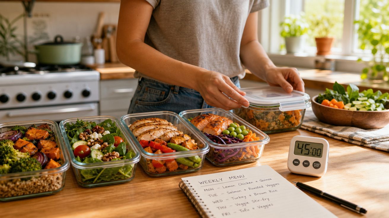 Pessoa a fechar recipiente de vidro com refeições saudáveis preparadas e menu semanal à frente numa cozinha iluminada