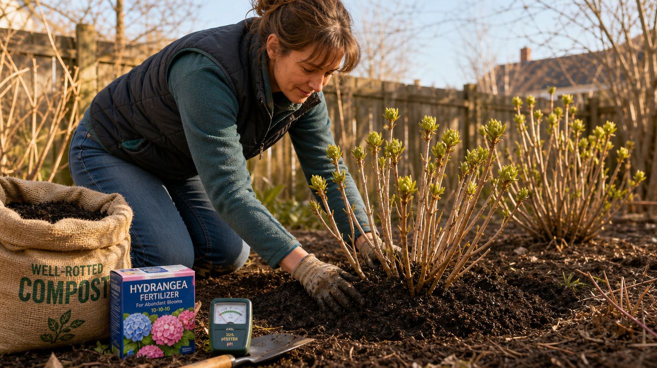 Mulher a plantar uma planta com adubo, composto e medidor de pH ao lado num jardim ao ar livre.