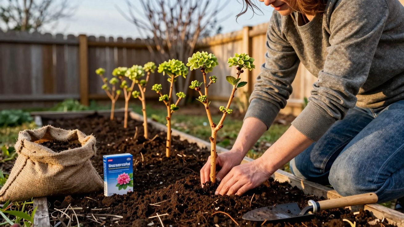 Pessoa a plantar pequenas suculentas num canteiro de terra ao ar livre, com utensílios de jardinagem.