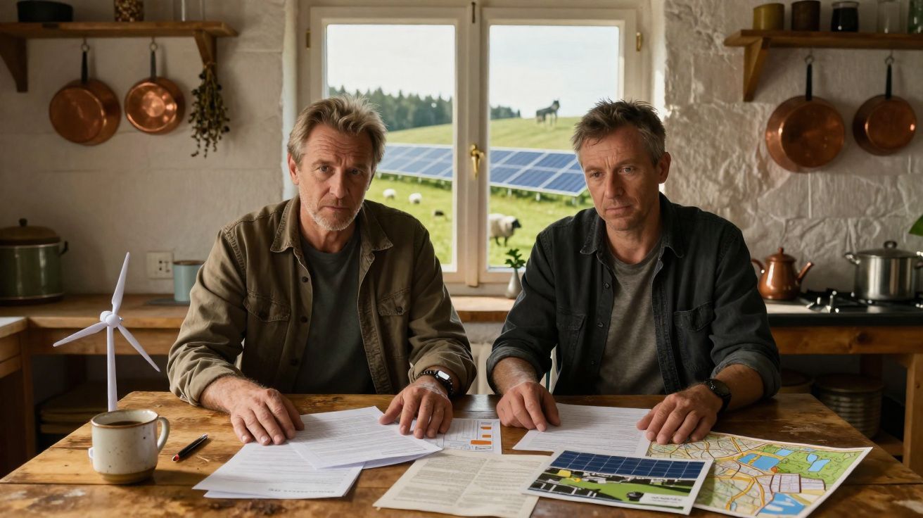 Dois homens sentados à mesa com documentos sobre energia renovável, com paineis solares visíveis pela janela.