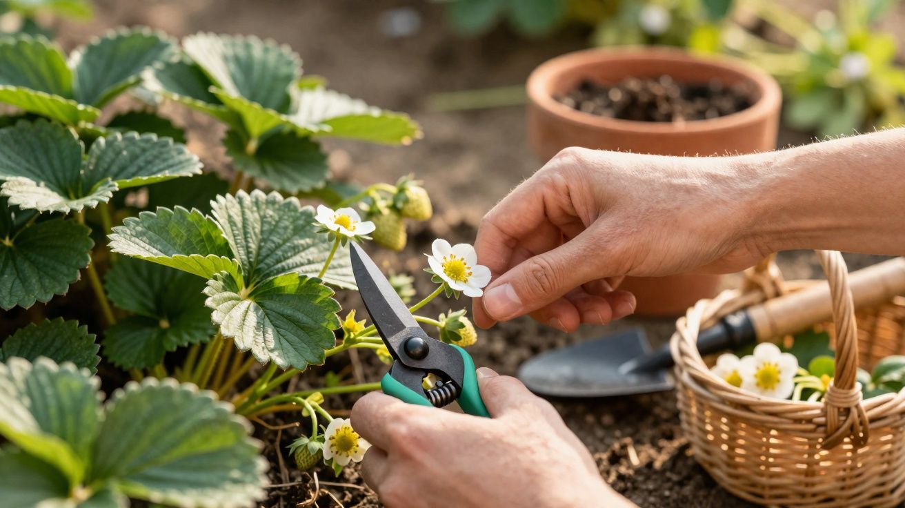 Mãos a cortar flores brancas de morangueiro com tesoura de poda num jardim.