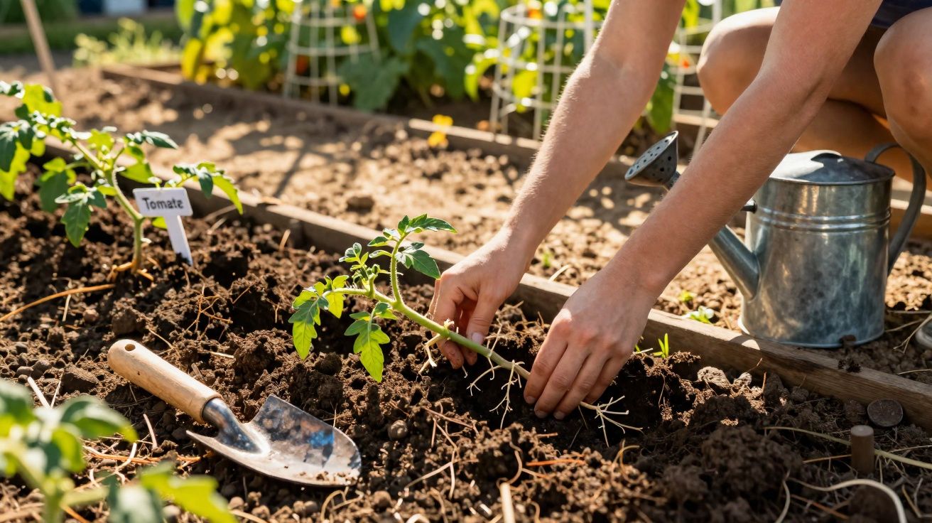 Pessoa a plantar uma muda de tomateira num canteiro de terra com regador e enxada ao lado.