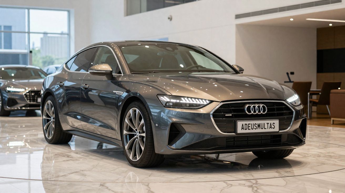 Carro Audi cinza escuro estacionado em chão de mármore dentro de exposição de automóveis.