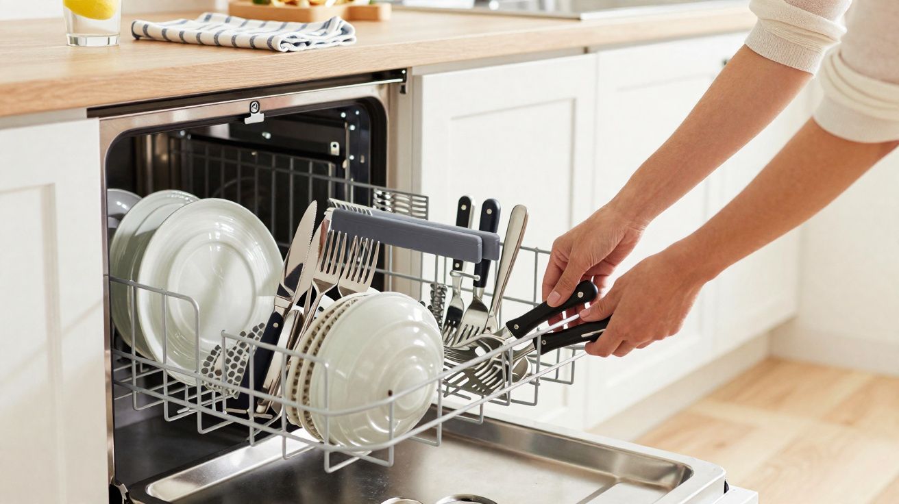 Pessoa a retirar talheres e pratos limpos de uma máquina de lavar loiça numa cozinha moderna.