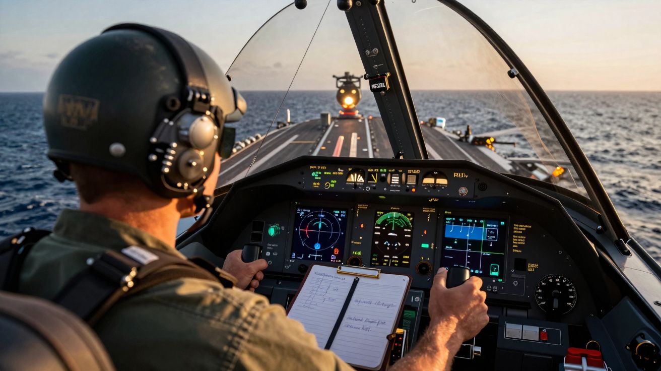 Piloto militar no cockpit de um helicóptero em voo sobre o mar com alvo à frente no convés de um navio.