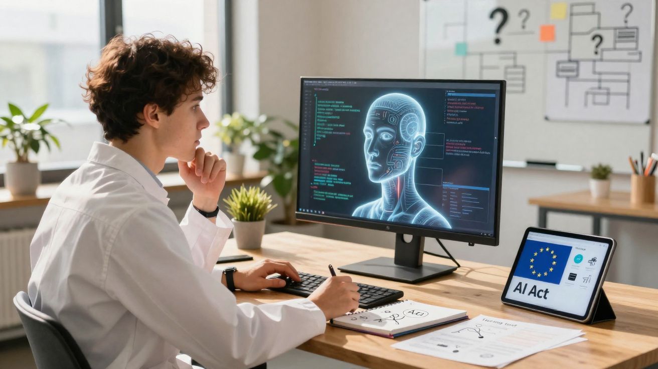 Jovem a trabalhar no computador, com imagem digital de inteligência artificial e documentos sobre IA na secretária.