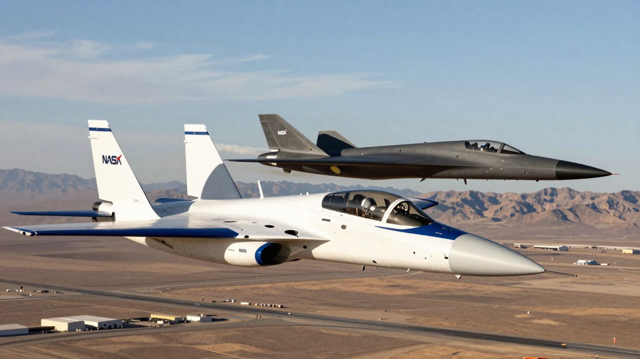 Dois aviões experimentais da NASA a voar em formação sobre uma paisagem desértica com montanhas ao fundo.
