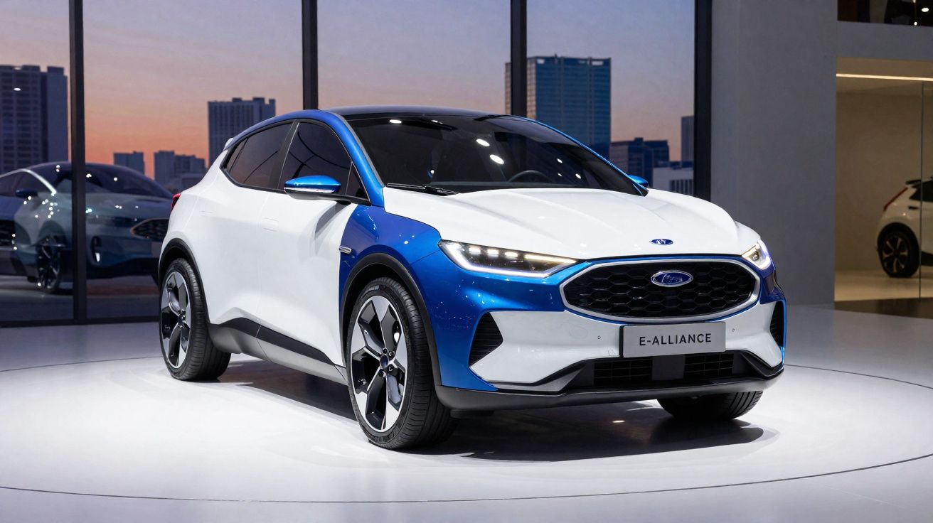 Carro elétrico Ford E-Alliance branco e azul exibido num salão de automóveis moderno ao pôr do sol.