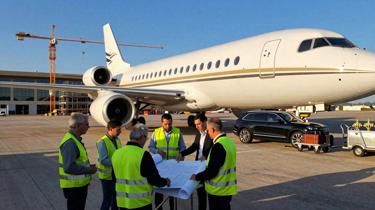Grupo de seis pessoas com coletes reflexivos a analisar plantas junto a um jato privado num aeroporto.
