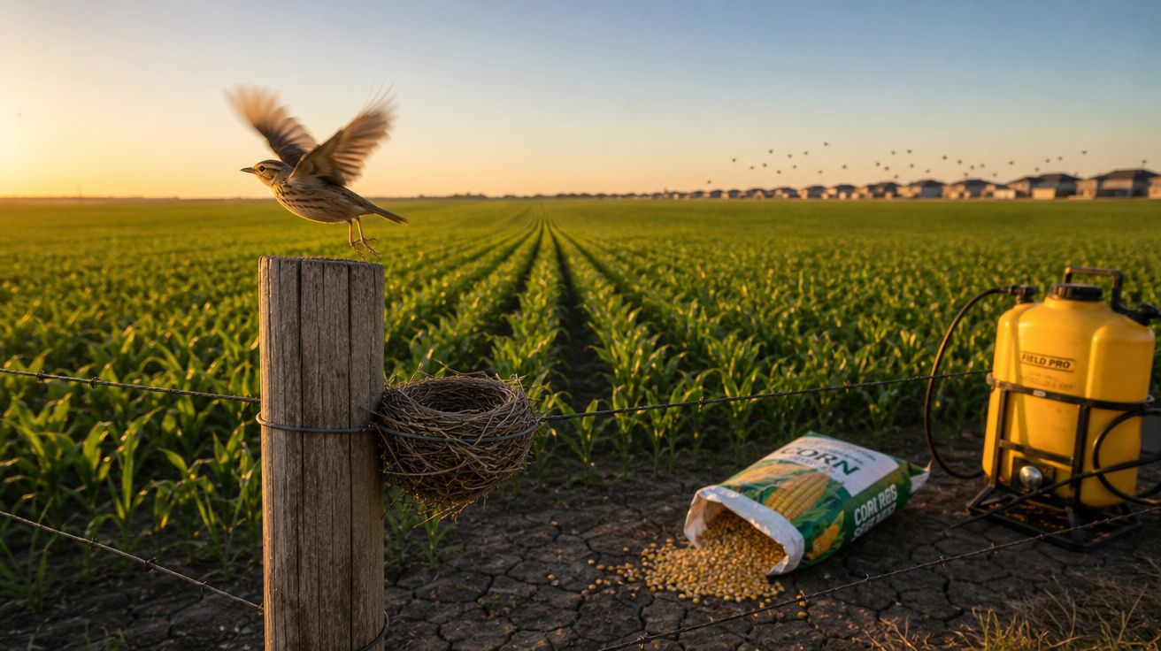 Pássaro a levantar voo de um poste com ninho, perto de sementes e equipamento agrícola em campo de milho ao pôr do sol.