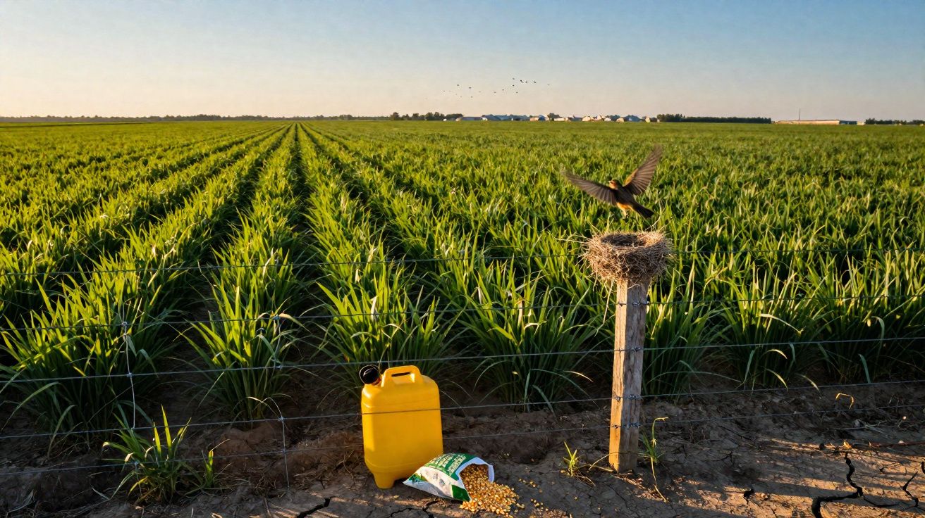 Campo agrícola verde com fileiras de plantas, ninho de pássaro num poste e utensílios no chão ao amanhecer.