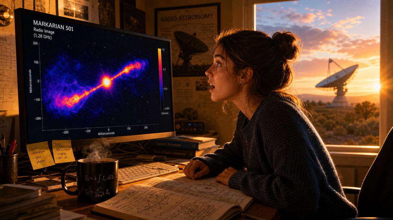 Mulher observa imagem de galáxia no computador com antena parabólica ao pôr do sol pela janela.
