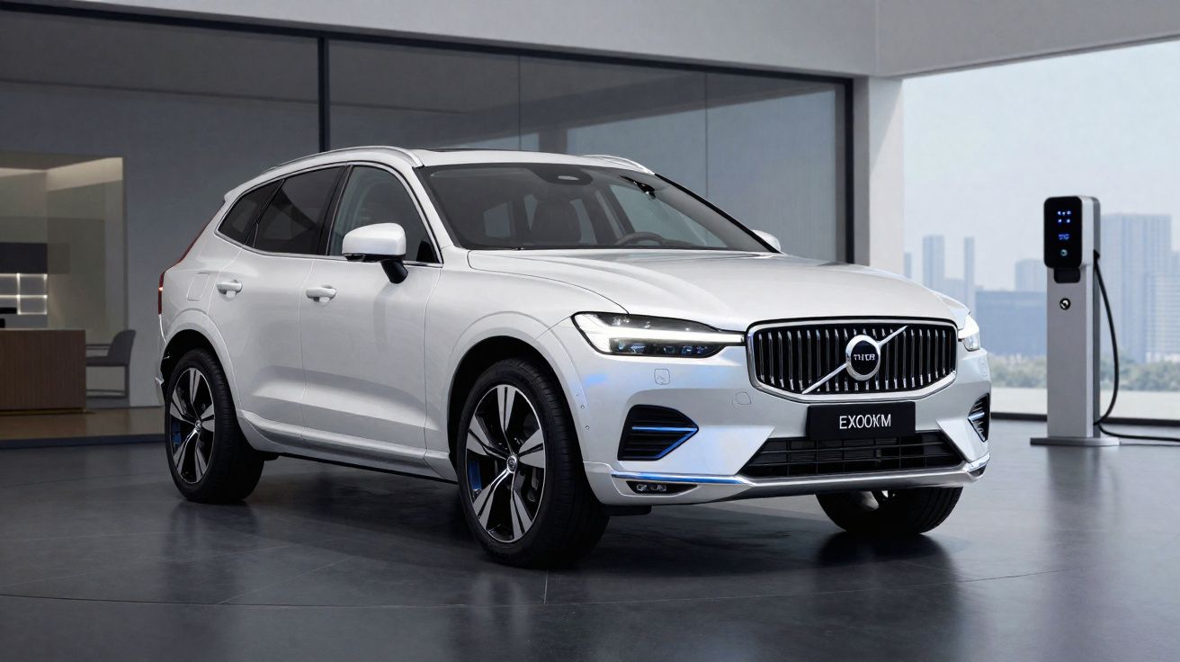 Carro elétrico Volvo branco estacionado numa garagem moderna com posto de carregamento.