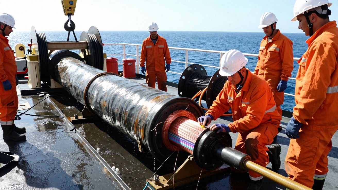 Trabalhadores com fatos de protecção laranja manipulam cabo submarino numa embarcação no mar.