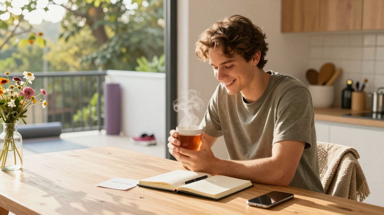Jovem sentado à mesa, sorrindo e segurando chá quente, com caderno aberto, telemóvel e flores ao lado.