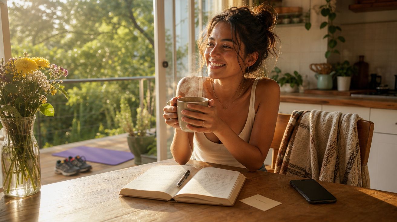 Mulher sorridente sentada à mesa com chá, caderno aberto e telemóvel, numa sala iluminada e acolhedora.