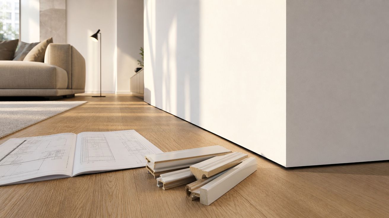 Folhas de madeira e projeto de construção no chão de parquet numa sala moderna e iluminada.