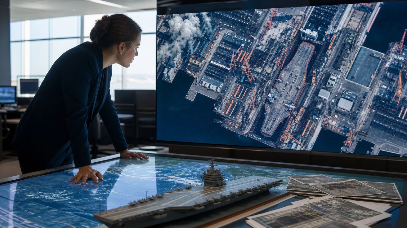Mulher analisa modelo de porta-aviões e imagem aérea de estaleiro naval num ecrã grande.