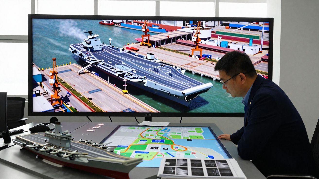 Homem observa maqueta de porta-aviões e imagem digital de navio em ecrã num ambiente de escritório.