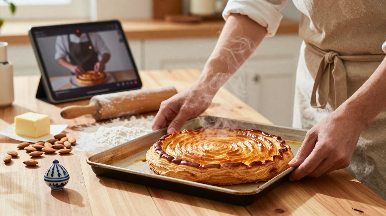 Pessoa com avental a retirar do forno uma tarte quente numa assadeira, com ingredientes e tablet na mesa.