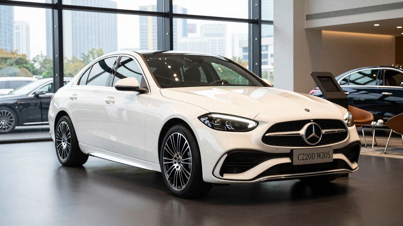 Mercedes-Benz C220D W205 branco em exposição numa sala de showroom moderna com janelas panorâmicas.