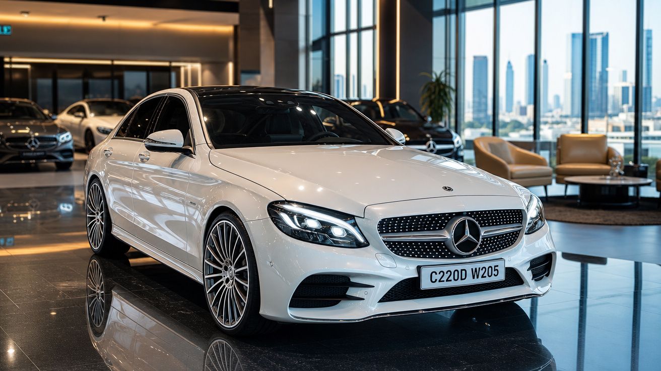 Carro branco Mercedes-Benz C220D W205 numa loja moderna com janelas amplas e poltronas ao fundo.