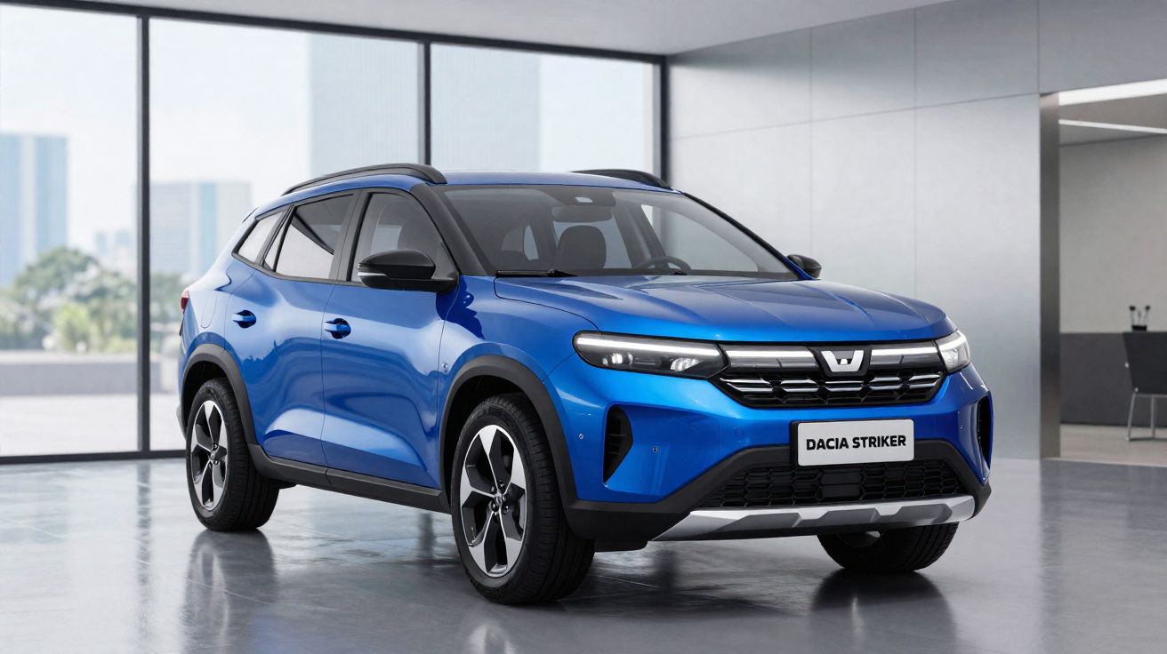 Carro SUV Dacia Striker azul estacionado em espaço interior moderno com grandes janelas.