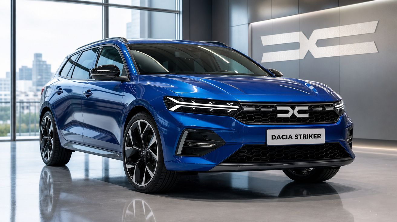 Automóvel Dacia Striker azul estacionado numa garagem moderna com grandes janelas envidraçadas.