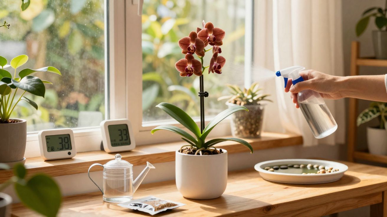 Pessoa a pulverizar uma orquídea vermelha numa janela com várias plantas e termómetros digitais.