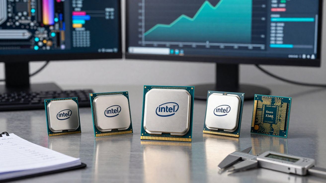 Cinco processadores Intel alinhados em mesa com dois ecrãs e ferramentas de medição em segundo plano.