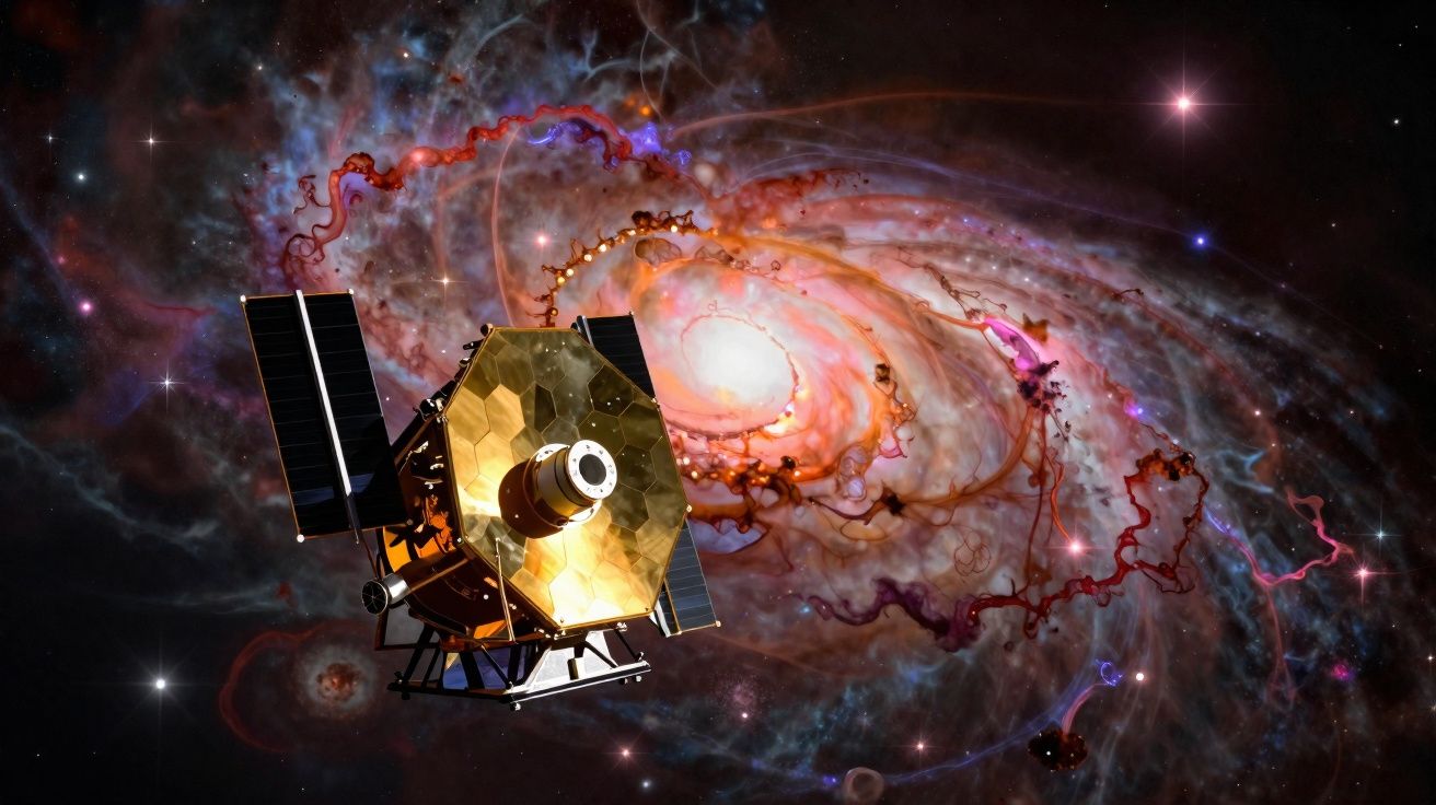 Satélite dourado com painéis solares a flutuar no espaço com uma galáxia espiral colorida ao fundo.