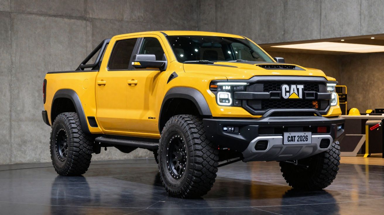 Pick-up amarela CAT 2026 com pneus grandes e design robusto, em exposição interior com paredes cinzentas.