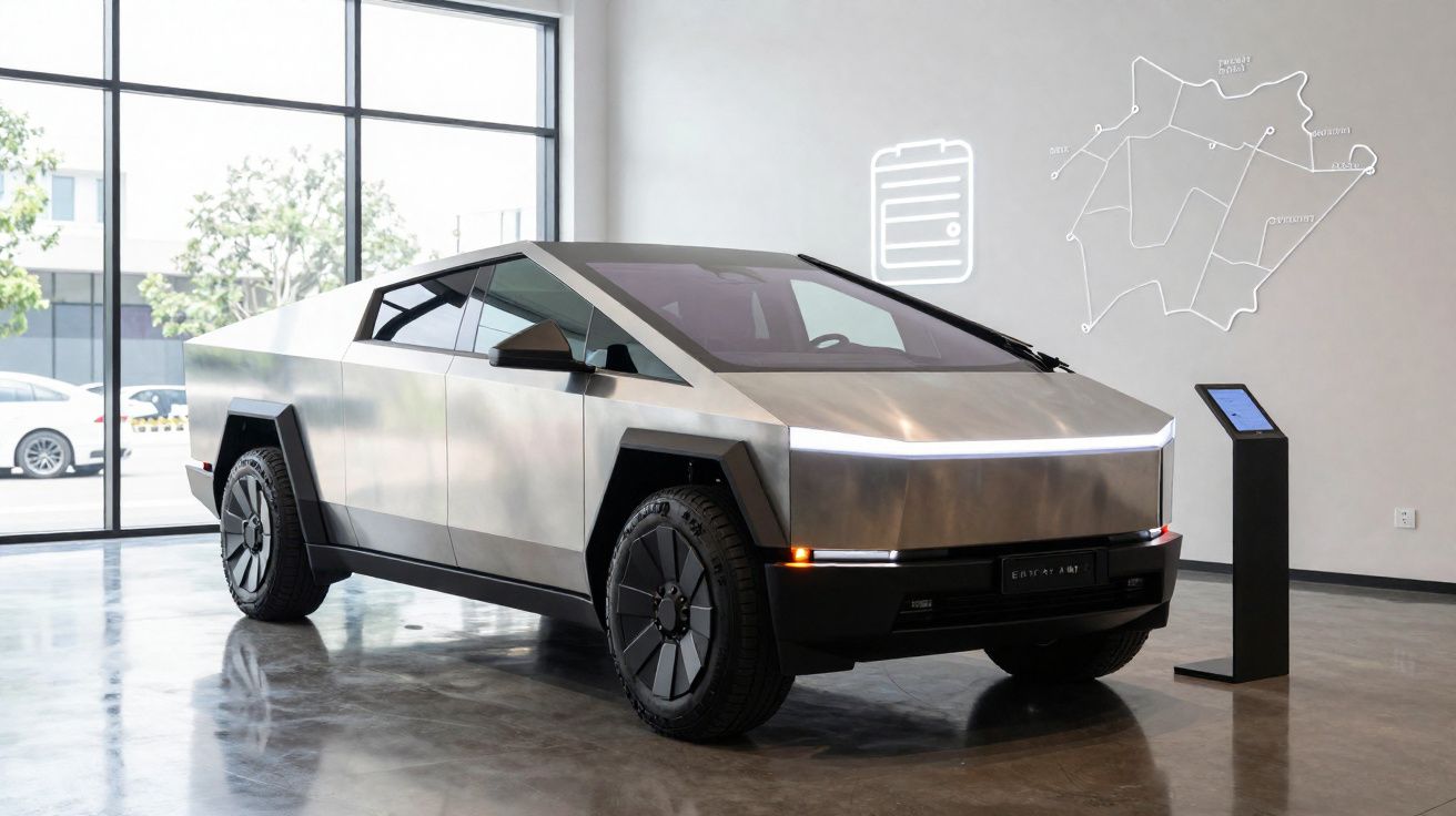 Veículo elétrico futurista Tesla Cybertruck cinza exposto em sala de exposição moderna com janelas grandes.