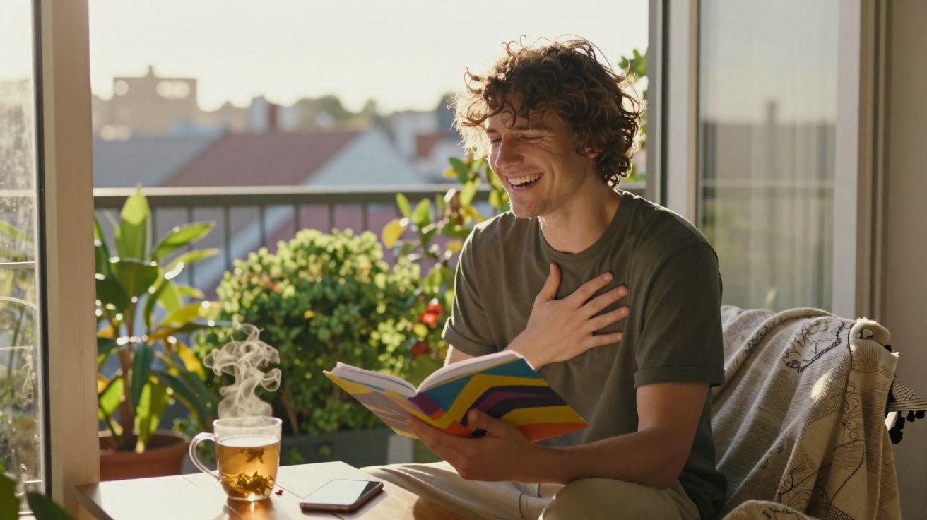Homem sentado a ler livro colorido com expressão feliz, chá quente numa mesa perto de plantas.
