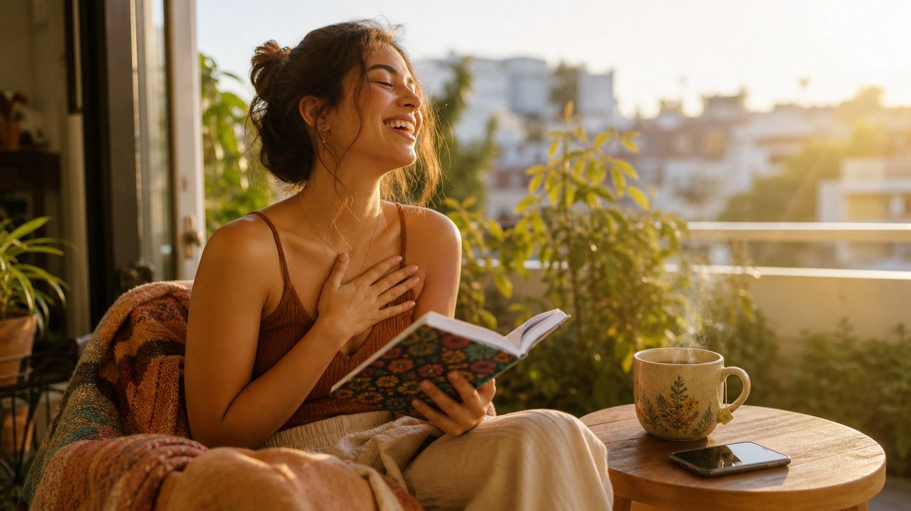 Mulher sorridente sentada numa varanda, a ler um livro, com uma chávena fumegante e telemóvel numa mesa ao lado.