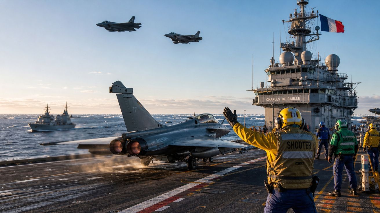Avião Dassault Rafale a descolar de porta-aviões francês Charles de Gaulle com dois caças a voar no céu.