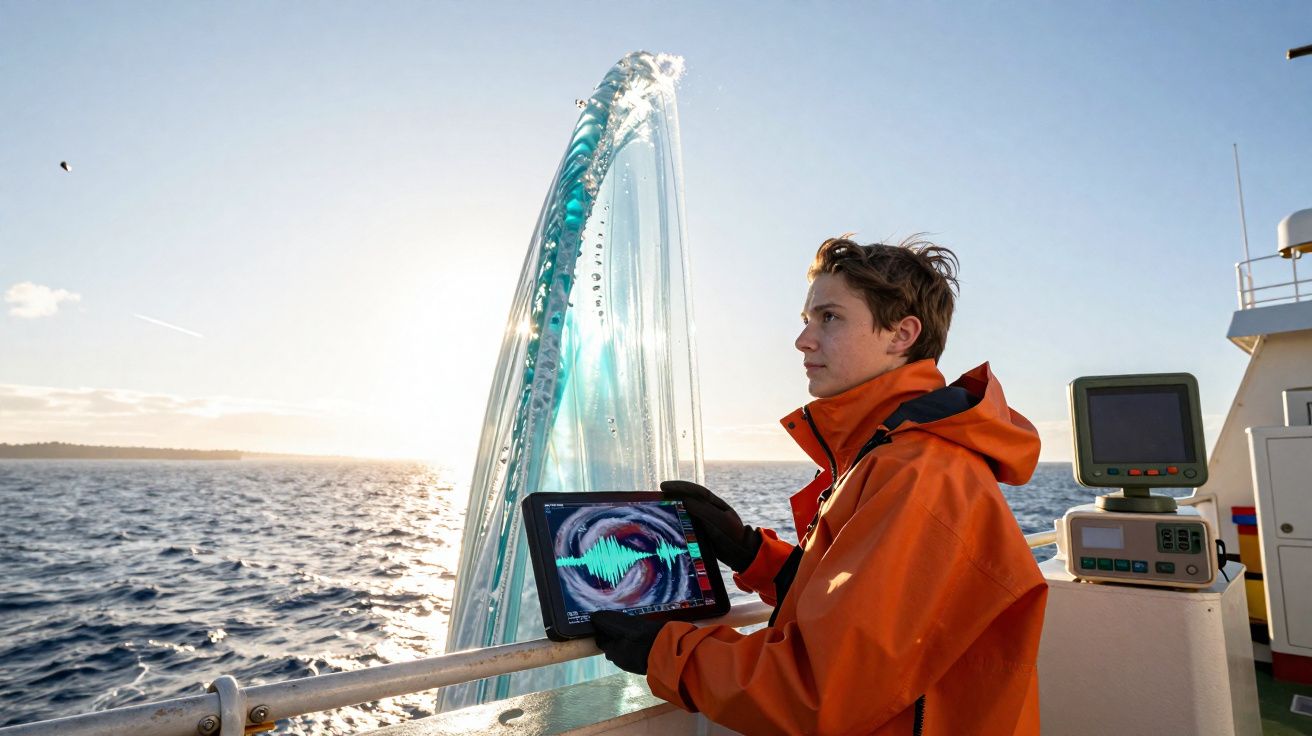 Pessoa com equipamento laranja segura tablet com gráfico de ondas sonoras num barco no mar ao pôr do sol.