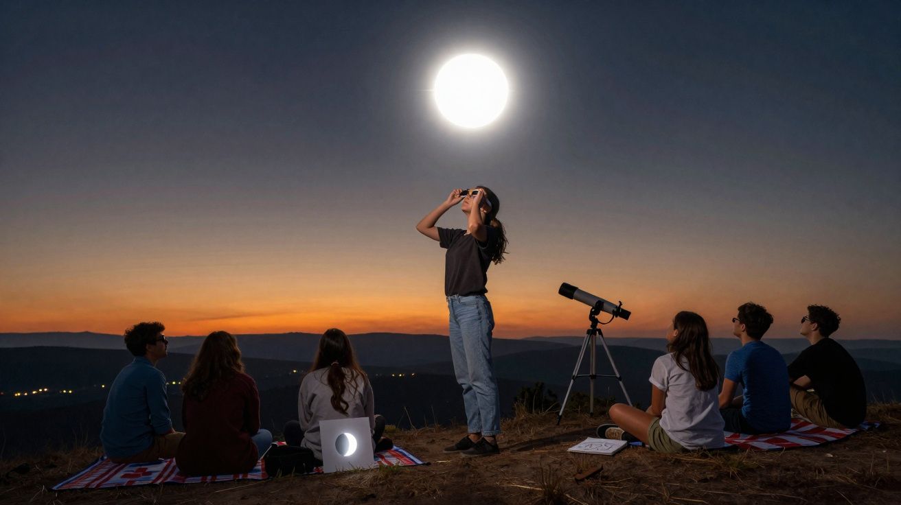 Grupo de pessoas a observar o céu ao entardecer, com telescópio e binóculos, em colina aberta.