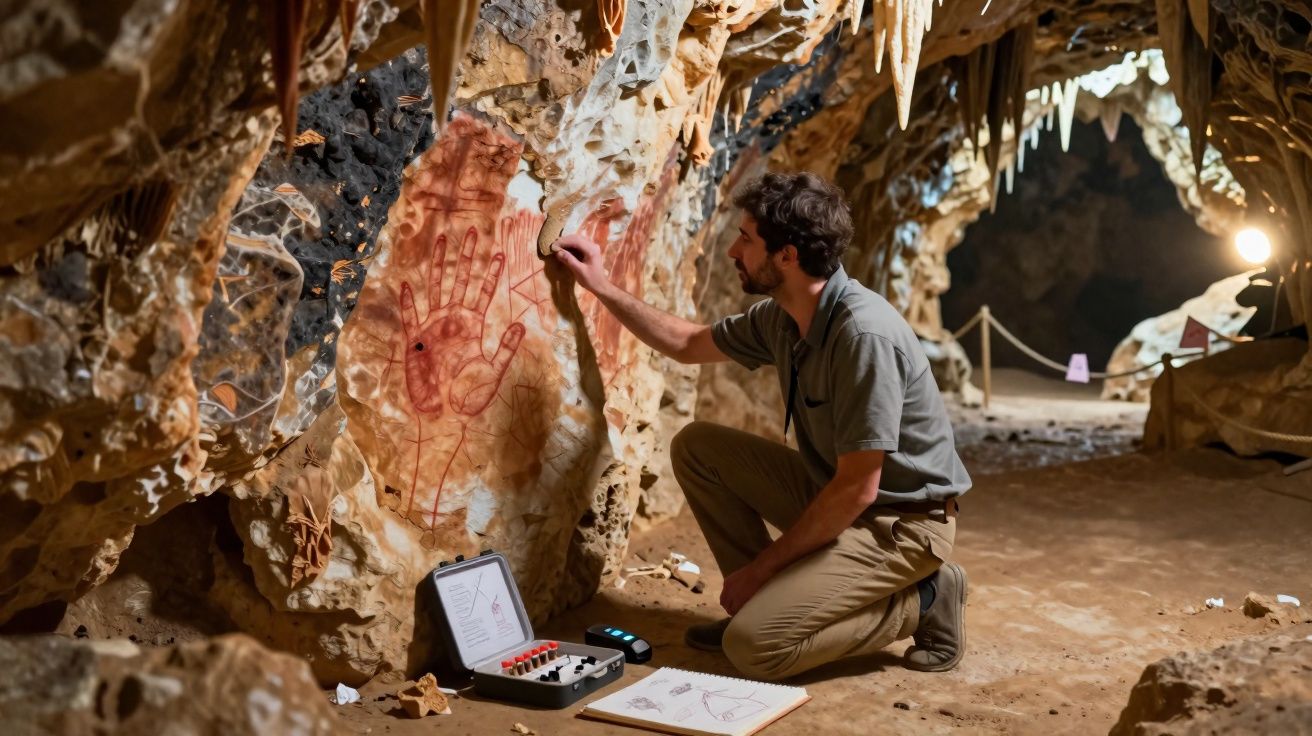 Homem analisa desenhos rupestres de mãos num interior rochoso de uma caverna com equipamento de arqueologia.